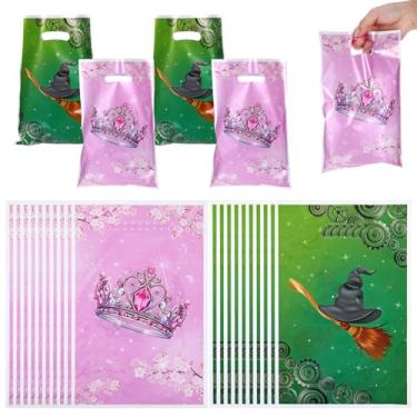 Imagem de 100 peças de sacos de presente de festa rosa e verde com alças, bruxa musical rosa coroa de lembrancinhas de festa, chapéu de bruxa mágico, estampa de coroa de princesa, bolsa de doces estampada para