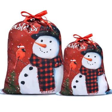 Imagem de Mshutbna Sacos de presente de Natal de boneco de neve e pássaro, 2 peças, sacos de embrulho de tecido reutilizável com cordão para presentes de Natal, decorações de festa, lembrancinhas de feriado