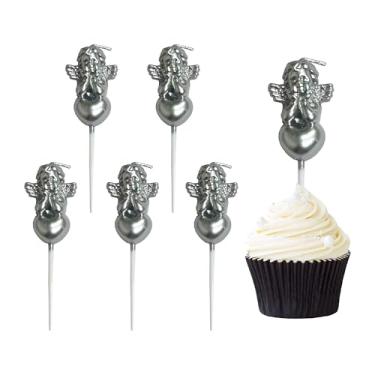 Imagem de 6 velas de anjo de prata para bolo, velas de aniversário, velas de bolo, decoração de topo de bolo para decoração de Natal, aniversário, igreja, aposentadoria, casamento, formatura, festas de