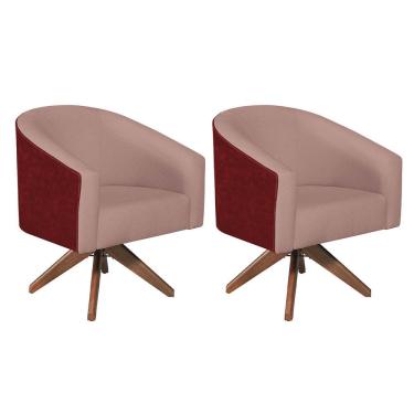Imagem de Kit 02 Poltronas Luiza Base Giratória De Madeira Factor Vermelho E Linho - Adj Decor Cor Rosê