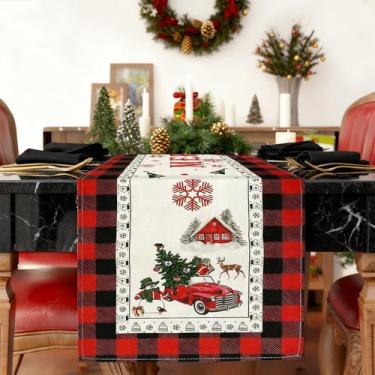 Imagem de Caminho de mesa de Natal, 183 cm x 33 cm linho vermelho preto xadrez estampa floco de neve, decoração de mesa de férias para jantar de Natal
