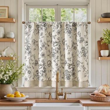 Imagem de Cortina de cozinha jinchan Linen French Floral 90x60cm preta/bege