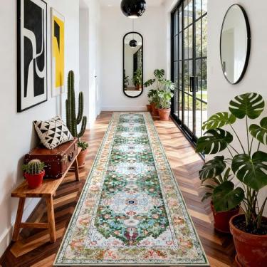 Imagem de U'Artlines Tapete de corredor Boho de 9,5 cm x 45,7 cm, antiderrapante, lavável, vintage, para cozinha de fazenda, para entrada, lavanderia e sala de estar (verde)