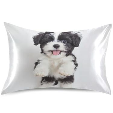 Imagem de Lindas capas de almofada de cetim com estampa de cachorrinho preto para cabelo padrão king queen travesseiro deslizante bonito travesseiro refrescante para cabelo e pele, tamanho Queen, 76,2 cm x 50,8