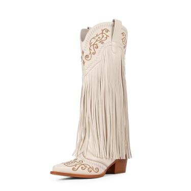 Imagem de Modatope Botas de cowboy femininas com franjas na altura do joelho, bordadas, cowgirl, bico fino, salto grosso, Branco, 36