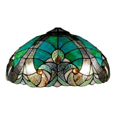 Imagem de Cúpula de vidro para abajur Tiffany grande, estilo barroco, 40,6 cm de largura x 22,9 cm de altura, para luminárias de mesa, pendentes e de chão, cor verde-alga.