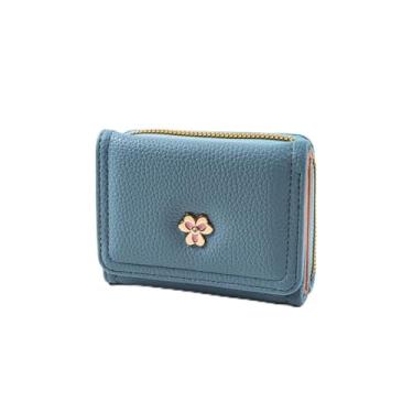 Imagem de Carteira fina feminina com bloqueio de cartão de crédito, carteira dobrável de couro com bolso para moedas com zíper, Azul, Tendência
