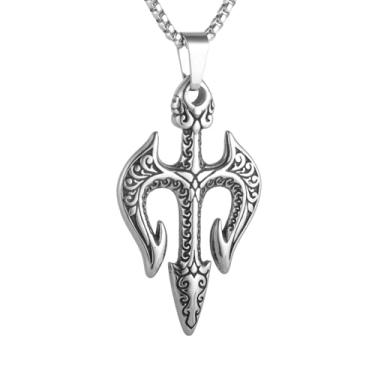 Imagem de Colar masculino com pingente de tridente retrô Poseidon, aço inoxidável 316L, corrente quadrada de pérola de aço inoxidável prateado, talismã mítico grego antigo, sem pedras