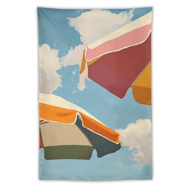 Imagem de Tapeçaria colorida para guarda-sóis de praia rosa laranja verde dosséis cena céu azul estilo pintura a óleo pendurado na parede decoração de casa náutica para sala de estar quarto vibe alegre
