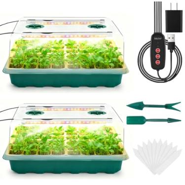 Imagem de Ryscam Bandeja de sementes com luz de cultivo, kit inicial de sementes de 96 células com luz, bandejas para iniciantes de mudas com cúpulas de umidade, temporizador automático, bandejas de germinação de plantas de jardinagem interna com luz ajustável