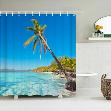 Imagem de Cortina de chuveiro estampada com paisagem de palmeira à beira-mar oceano praia ensolarada tecido impermeável cortina de chuveiro de banheiro ganchos 71 x 84 pol. -180 x 213 cm/LxA cortina de chuveiro