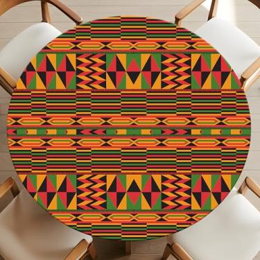 Imagem de Casuru Toalha de mesa Kwanzaa redonda ajustada com elástico preto história mês capa de mesa impermeável Kente decoração de mesa africana para casa pátio cozinha festa serve para 112-122 cm (laranja