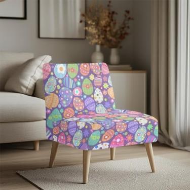 Imagem de Merkmak Capa de cadeira com detalhes de ovos de Páscoa sem braços com borda elástica sem braços, capas de cadeira para cadeiras de destaque sem braços, capas de sofá individuais para decoração de sala