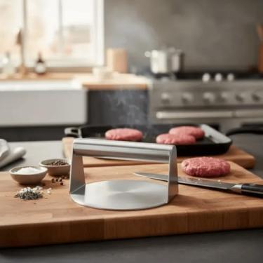 Imagem de Prensa Smash Burger de Aço Inox 14cm Prensador Profissional Hambúrguer Chapa Chapeiro Cozinha Delivery Itens para Lanche