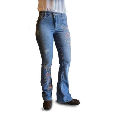 Imagem de Calça Carpinteira Flare Jeans Feminina Country Azul Bordada - NOVESELO