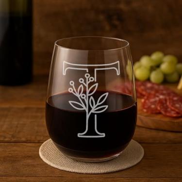 Imagem de On The Rox Drinks Presentes com monograma para mulheres e homens - Letra A-Z com monograma gravado com inicial taça de vinho sem haste - Presentes de vinho personalizados de 500 ml para mulheres e