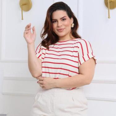 Imagem de Blusa Feminina Manga Curta Japonesa Dobrada Listrada Casual Confort - 