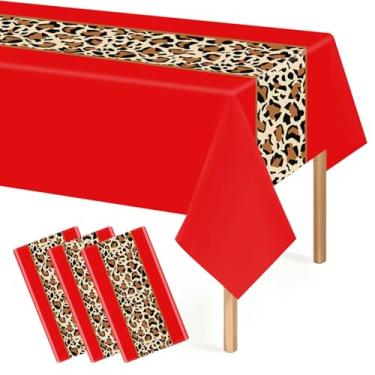 Imagem de ROLYTA 3 peças de toalha de mesa de plástico descartável com estampa de leopardo, 137 x 272 cm, decorações de festa com estampa de guepardo, para aniversário, chá de bebê, casamento, noite das meninas