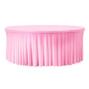 Imagem de GEWONELIFE Toalha de mesa redonda rosa de 152 cm – Capa de mesa elástica de elastano com borda de saia elástica, sem rugas e reutilizável para mesas de 1,8 m, banquete de casamento, festa de