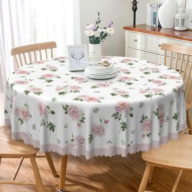 Imagem de TTQYFNM Toalha de mesa redonda floral francesa de 177 cm, rosa pálido, flores verdes, folhas verdes, tecido à prova de derramamento, à prova de óleo, toalha de mesa para cozinha, sala de jantar, pátio