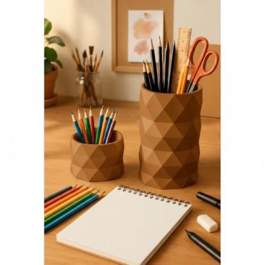 Imagem de Organizador 3D Geométrico Porta Caneta Lápis Clips e Suporte Celular para Escritório Home Office (Bronze,Kit Completo)