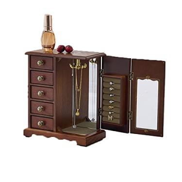 Imagem de Organizadores de joias vintage de madeira maciça para mulheres, caixas de joias multicamadas para anéis, brincos, colares e pulseiras (estilo A) (estilo A)