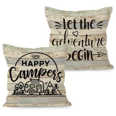 Imagem de HUYAW Capas de almofada decorativas para acampamento Happy Camper, presentes para campistas mulheres, capa de almofada aventura 45,8 x 45,8 cm casa RV campista quarto cama sofá conjunto de 2