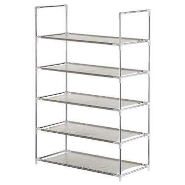 Imagem de Organizador de Armazenamento Prateleiras Sapatos 5 Andares Empilháveis Armário Acomoda 15 Pares com Tubos Ferro Têxtil Não Tecido Conectores Plástico para Entrada Quarto Economia Espaço
