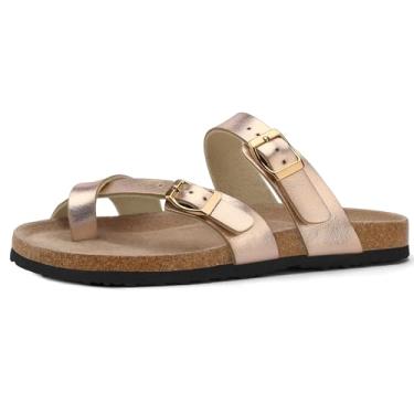 Imagem de mysoft Sandália feminina de cortiça, sandália deslizante com fivela dupla + suporte de arco confortável, Dourado, 11