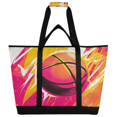 Imagem de Qilmy Sacola térmica grande isolada de basquete com desenho animado, sacolas de supermercado reutilizáveis de cozinha, à prova de vazamento, lancheira portátil para compras, comida, viagem, praia