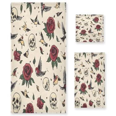 Imagem de xigua Conjunto de toalhas de banheiro vintage antigas tatuagens absorventes macias 3 peças toalha de banho toalha de mão toalhas decorativas para banheiro, academia, hotel, praia, piscina