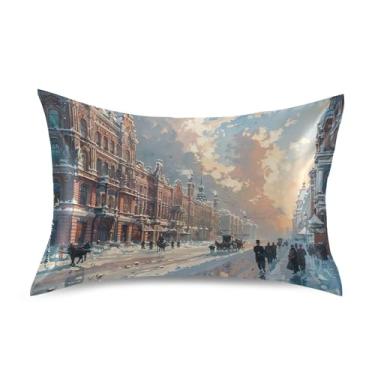 Imagem de xigua Capa de almofada de cetim com pintura a óleo da cidade para cabelo e pele, lavável à máquina, antiderrapante, refrescante, almofada, capa de cama padrão com fecho de envelope, 51 cm x 66 cm