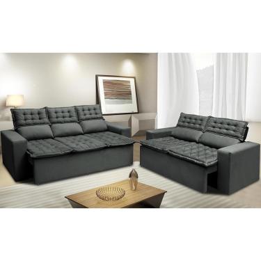 Imagem de Conjunto De Sofá 3 E 2 Lugares Retrátil E Reclinável Cama Inbox Slim 2,00x1,50m Velusoft Cinza