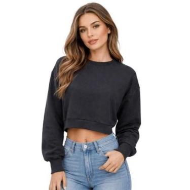 Imagem de Blusa Cropped Moletom Manga Longa Básica Feminina Lunender 00083 Preta-Feminino