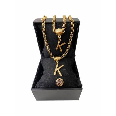 Imagem de Colar + Pulseira Elo Português Grosso 6mm Letra "K"