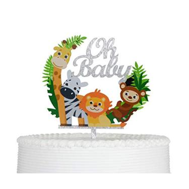 Imagem de Oh Baby Cartoon Animals topo de bolo acrílico reutilizável para chá de bebê criança aniversário festa decoração suprimentos prata glitter