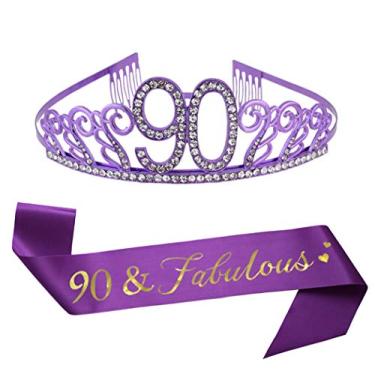 Imagem de Tiara roxa de aniversário de 90 anos e faixa com glitter faixa de cetim e coroa de tiara de cristal para feliz aniversário de 90 anos decorações de lembrancinhas decoração de bolo de aniversário de 90 anos acessórios de festa