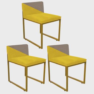 Imagem de Kit 03 Cadeira Office Lee Duo Sala de Jantar Industrial Ferro Dourado Sintético Amarelo e Bege - Ahazzo Móveis