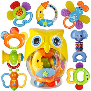 Imagem de Baby Rattle Define Dentes Chocalhos Brinquedos, 8pcs Bebês Agarram Shaker e Spin Rattle Brinquedos Educacionais Com Presentes de Garrafa de Coruja Definido para 0, 3, 6, 9, 12 meses Recém-Nascido Bebê, Menino, Menina
