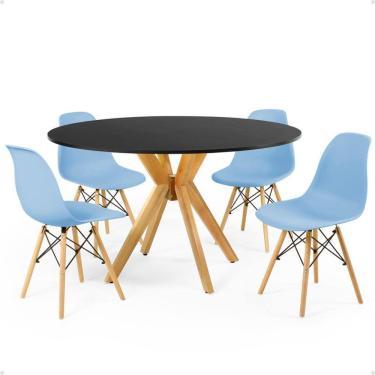Imagem de Conjunto Mesa de Jantar Redonda Marci Preta 120cm com 4 Cadeiras Eames Eiffel - Azul Claro