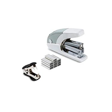 Imagem de PAPERPAL Conjunto de grampeador padrão sem esforço, capacidade para 20 folhas, meia tira, armazenamento de grampos embutido, comporta grampos de 0,6 cm, inclui 1000 grampos e um removedor de grampo,