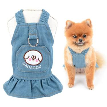 Imagem de SMALLLEE_LUCKY_STORE Vestido de arnês para cães, vestido geral de cachorrinho de bolso fofo para cães pequenos, médios, gatos, meninas, saia jeans ajustável para animais de estimação com anel em D