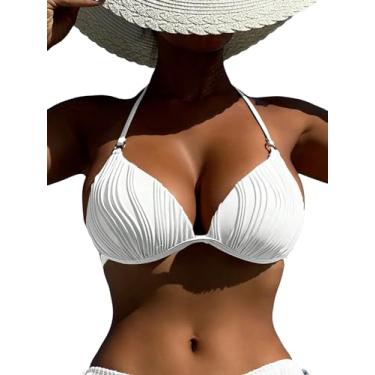 Imagem de SOLY HUX Biquíni feminino texturizado push up frente única amarrado frente única maiô atrevido maiôs, Branco liso, P