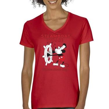 Imagem de Camiseta feminina Steamboat Willie Vibing Since 1928 gola V icônica retrô desenho mouse atemporal clássica vintage Vibe, Vermelho, P