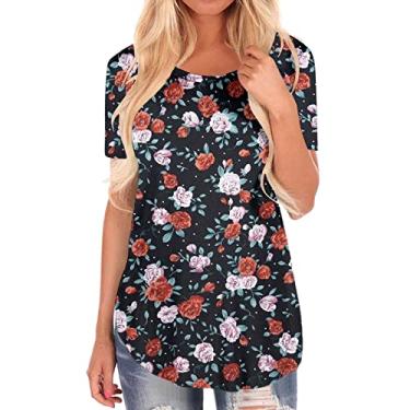Imagem de Blusas femininas de verão grandes de manga curta com estampas para sair, blusas modernas de algodão, camisas boêmias, túnicas para coquetéis, Vermelho, M