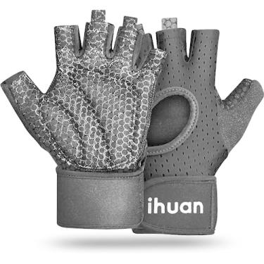Imagem de ihuan Luvas respiráveis para levantamento de peso: luvas de ginástica sem dedos, suporte de pulso, proteção da palma da mão, aderência extra para flexões de remo, pretas