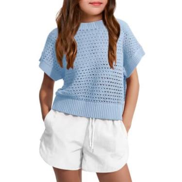 Imagem de Haloumoning Camiseta feminina de manga curta gola redonda com gola redonda pulôver vazado suéter 5-14 anos, Azul, 13-14 Anos