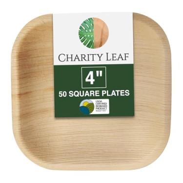 Imagem de Charity Leaf Pratos quadrados descartáveis de folha de palmeira de 10 cm (50 peças) Travessas de servir como bambu, tábuas descartáveis, louça ecológica para casamentos, catering, eventos
