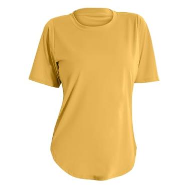 Imagem de Novas roupas de ioga manga curta feminina tamanho grande fenda curva roupas fitness solto manga longa blusa feminina de algodão, Amarelo, GG