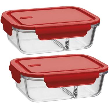 Imagem de Kit 2 Marmitas Herméticas com Divisória 1L cada Potes de Vidro Borossilicato Vermelho UZ